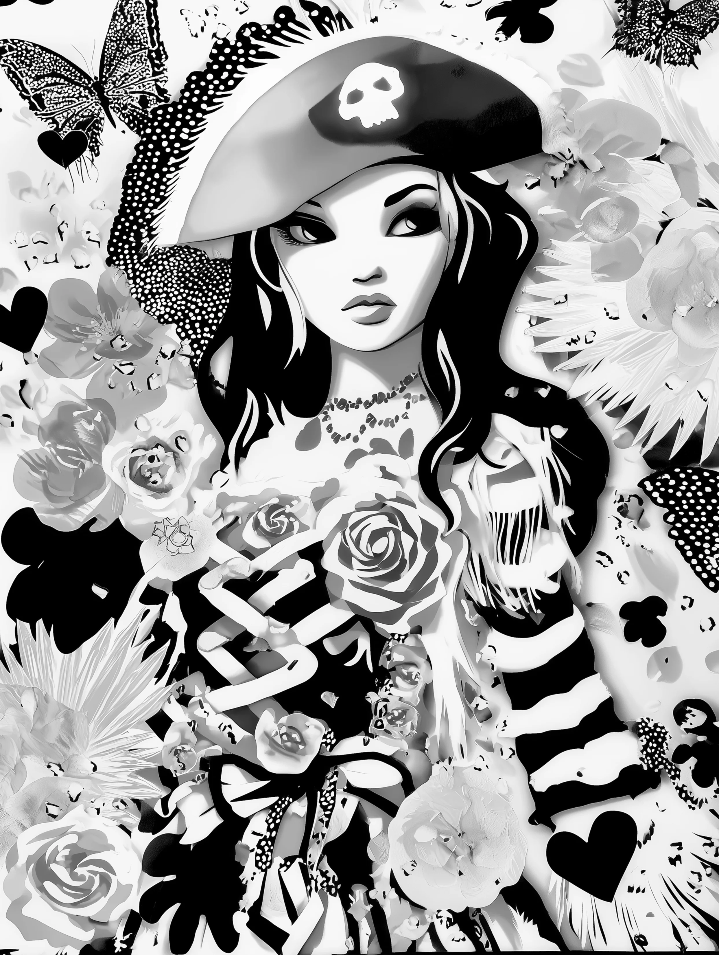 Free printable pirate coloring pages for adults featuring ribbons on pirate woman